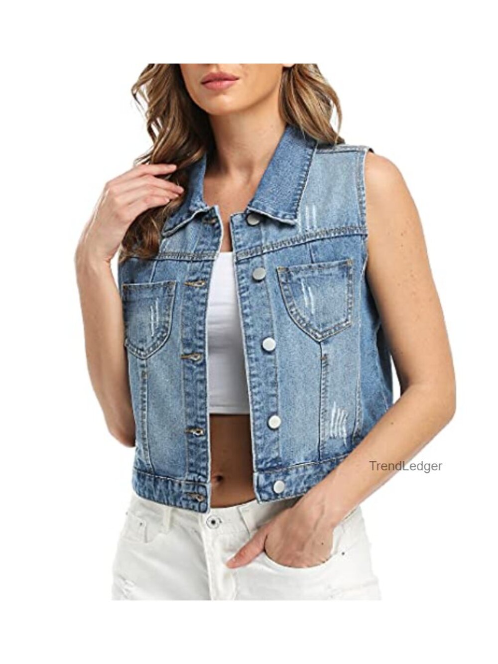 Cropped Distressed Denim Vest Sleeveless Jean Jacket